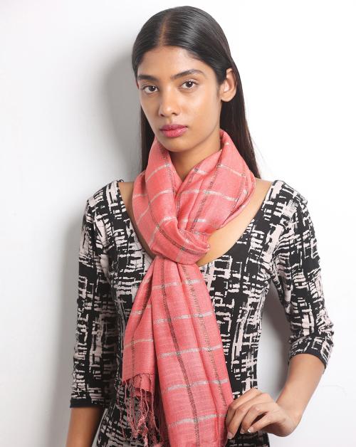 Ayesha Pink & Gold Shiny Lurex Striped Tassel Viscose Scarf