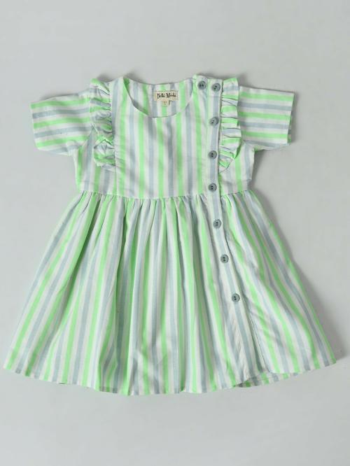 Bella Moda Cotton Round Neck Casual Wear Fit And Flair Stripes Half Sleeve Girls Dress Sea Green