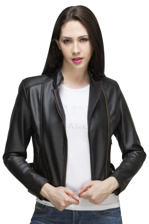Lambency Women Black Solid PU Jacket