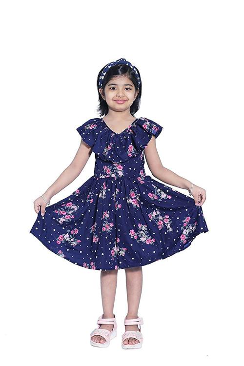 Wish Littlle Girls Dark Blue Knee Length Short Frock Dress - 5 Y