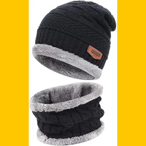 MYY Hat Cap, Woolen Neck Warmer Scarf Men & Women Winter Hot cap ( Black, Pack of 1)