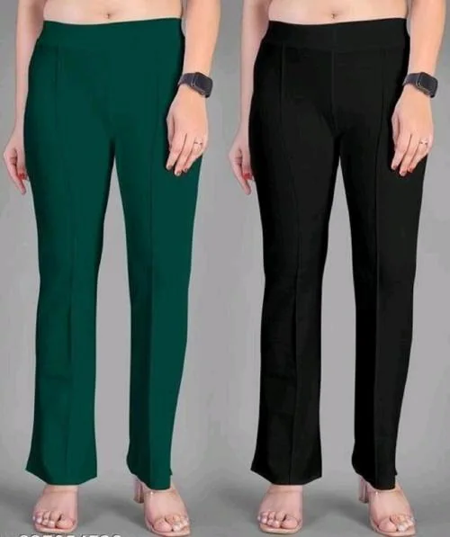 Woodzon Premium Quality Lycra Trousers For Women Pleat-Front Pants with Elasticated Waist Trouser & Pant | Regular Fit Spandex Quality Trouser Womens (Green & Black) (M)