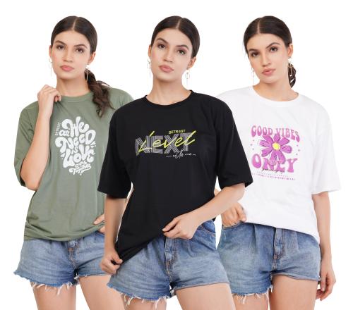 BeTrost Women's Printed Oversized T-Shirts, Loose Fit, Round Neck, Drop Shoulder, Pack of 3 (Small, Black+White+Pista)