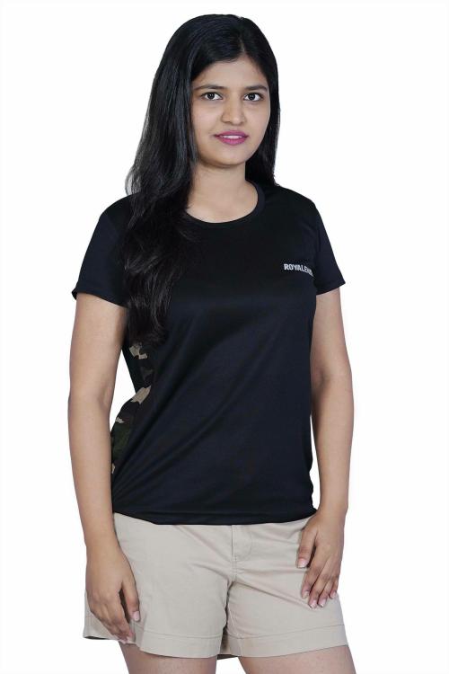 ROYALEWAY DriDOT Side Venta Black & Military Camouflage Women TShirt- S