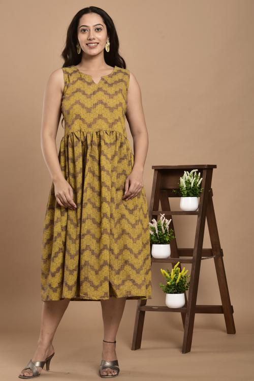 Indiwest Mustard & Brown printed A-Line Sleeveless Kurti