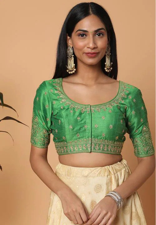 Salwar Studio Women's Parrot Green Silk Blend Readymade Saree Blouse