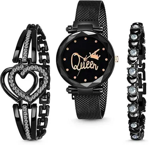 Just Like Gift Analog Black Dial Rose Gold Strap Watch and Bracelets for Women and Girls (Pack of 3)