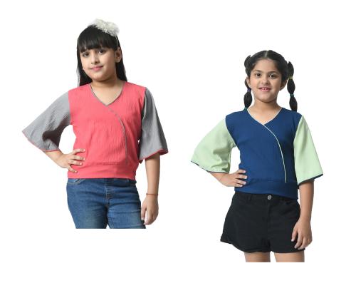 KAYU Girls Solid Stylish Ruffle Sleeve Crop Tops (Pack of 2)