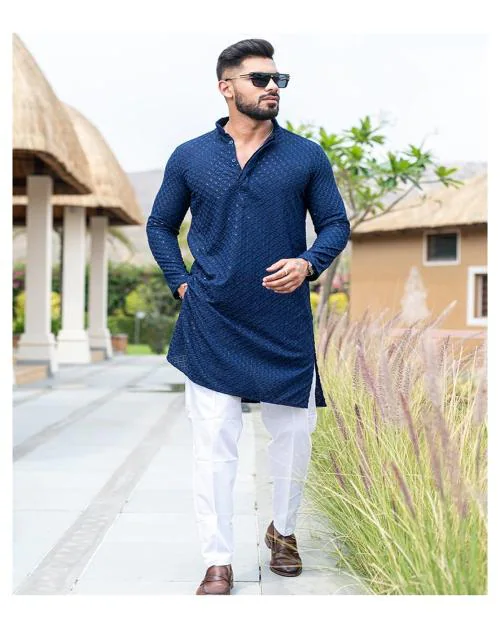 CRYSTAL REVENUE Men's Cotton Ethnic Motifs Mirror Work Kurta Set For Festival And Wedding Wear (Blue) - Large