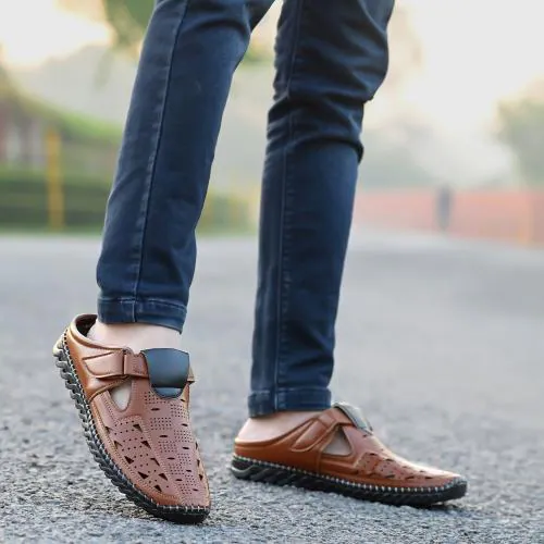 ROWLANS Men's Tan Synthetic leather Casual/Stylish Velcro Sandals