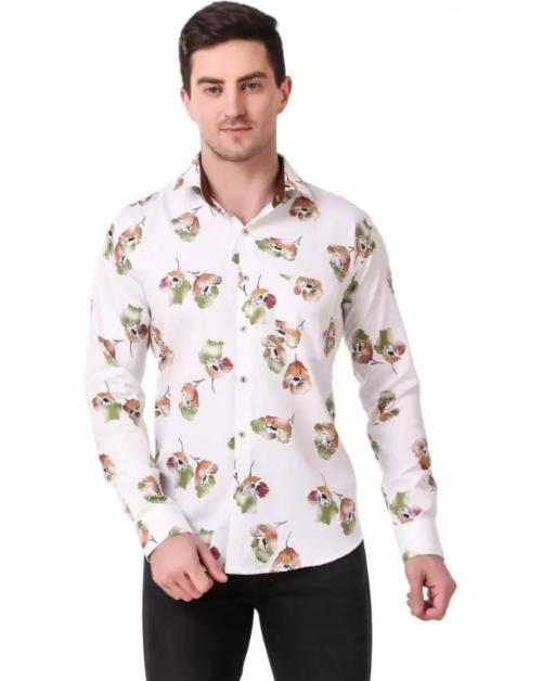 DESIGN UP Mens WHITE Printed Pure Cotton Shirt Available in a variety of solid colors and patterns, including plaids, stripes, and florals size L