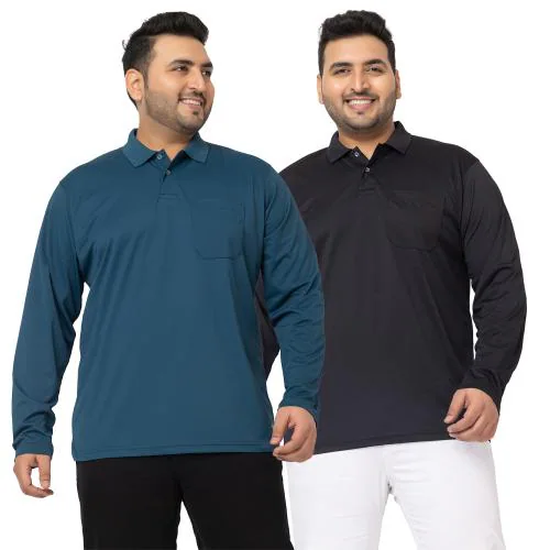 YHA Plus Size Polo Neck Full Sleeves Men's Tshirts Teal & Black (Pack Of 2)