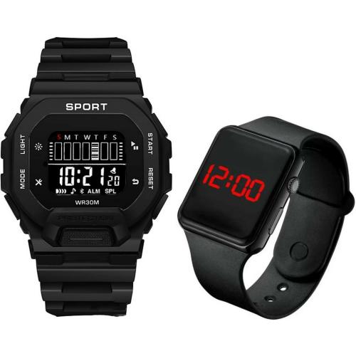 Trex Stylish Casual Lock, Formal, Office Wear Branded Quality Full Black Fancy Dial PU Belt Watch with Square LED Sports Digital Watch Black Dial Black Strap for Men (Pack of 2)