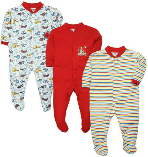Tiniberry Baby Boys and Girls Red Striped, Printed Cotton Blend Pack of 3 Romper 6-9 MONTHS| Rompers |Sleepsuits | Jumpsuit |Body suits