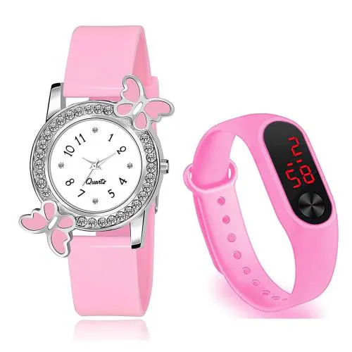 Goldenize Fashion Analog And Digital Multi-color Dial Pink Strap Watch for Girls And Women, Pink BF_mm2 (Pack of 2)