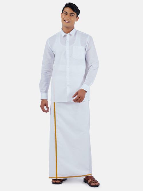 RAMRAJ Mens Cotton Linen White Full Sleeve Shirt With Gold Jari 1/2 Inch Double Layer Dhoti (42)