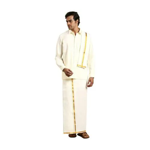 RAMRAJ Men Cotton Ethnic Set |Shirt + Dhoti + Towel + Belt Combo |Full Sleeve Cream Shirt |0.5 Inch Gold Jari Border|Double Layer Dhoti|