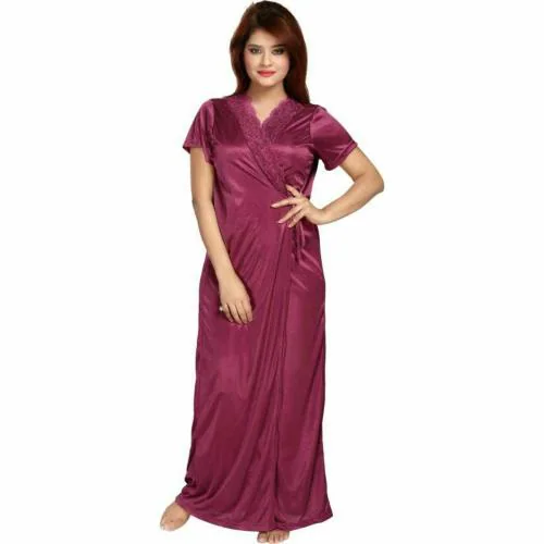 Vania's Grace Women's Satin Plain|Solid Full Length Nightsuit|Nightwear Maxi with Robe Set of 2