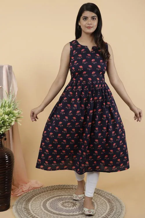 Indiwest Navy Blue Floral Printed A-Line Flared Sleeveless Cotton Kurta