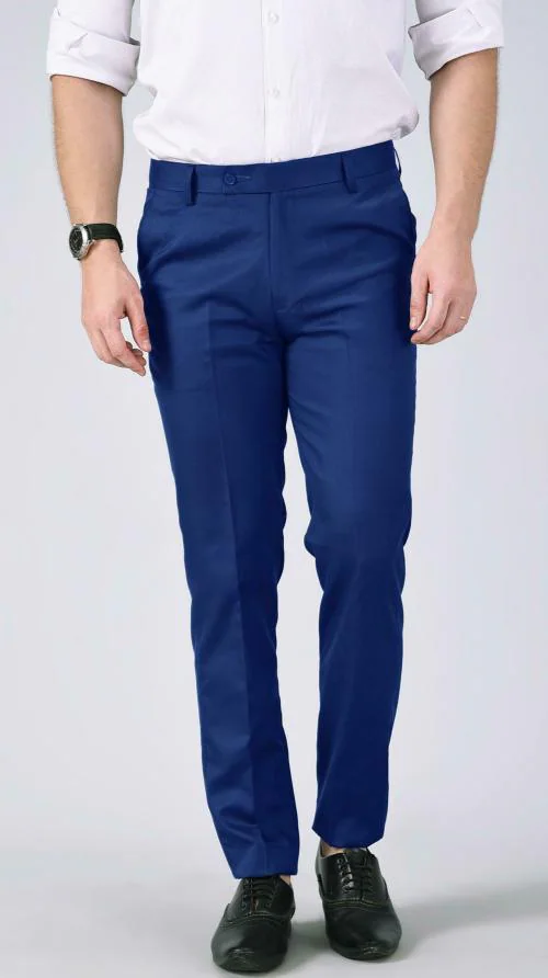 AD & AV Men Royal Blue Solid Synthetic Single Formal Trousers