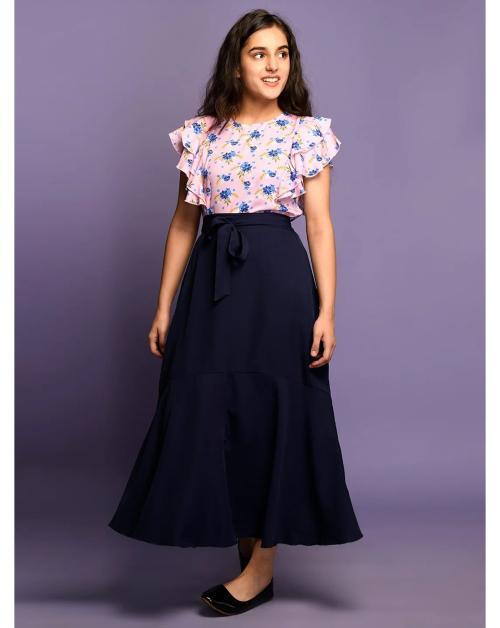 Lilpicks Girls Floral Print Top With Asymmetrical Skirt Set