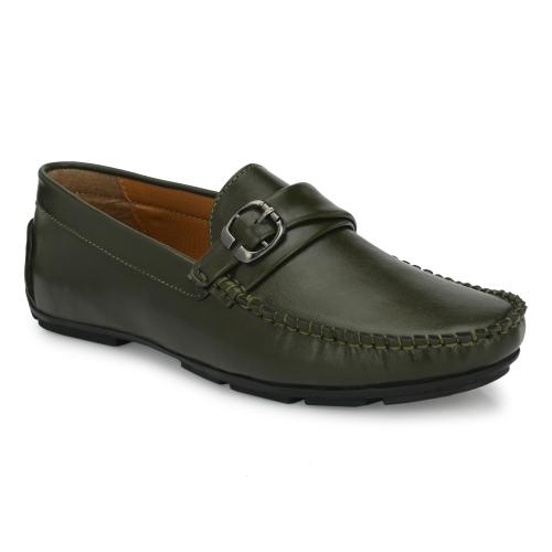 Neso Shiny Premium Side Buckle Driving Casual Loafers For Men (Olive)