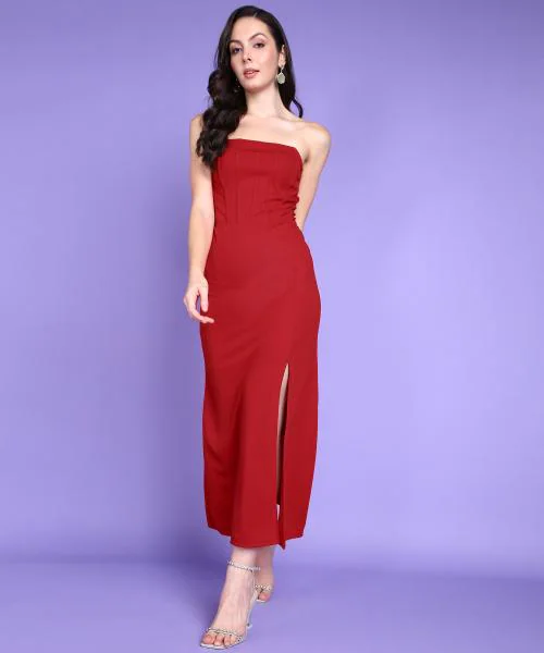 Popwings Women Partywear Red Long Corset Dress | Women Partywear Dress | Women Sleeveless Dress | Women Off Shoulder Neck Dress | Women Trendy Dress | Women Stylish New Design Dress