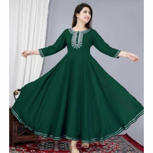 IQARA Women's Anarkali Frock with Beautiful Embroidery on Yoke | Round Neck, Flare Design | Ideal for Weddings and Festivals | Dark Green | Size-4XL