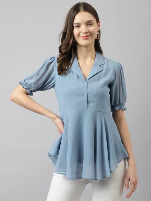 KERI PERRY Women's Light Blue Georgette Solid Flared Western Top