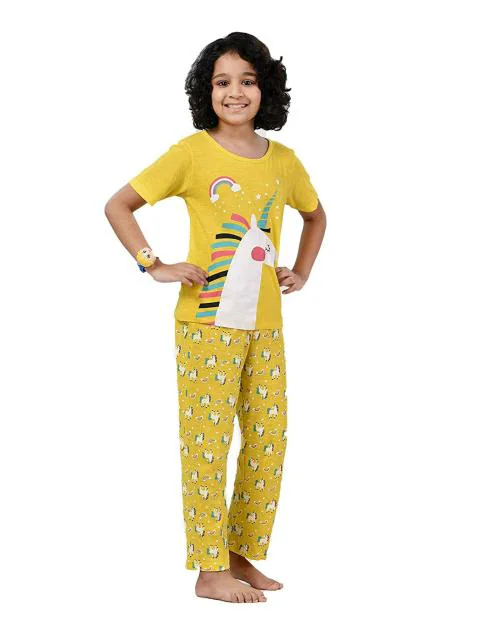 Kirasa Unisex Yellow Printed 100 percent Cotton Night Suit - 5-6Y