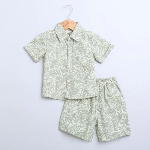 Sweet Lime By AS Olive Leaf Printed Cotton Linen Shirt & Shorts Boys Co-ord Set.