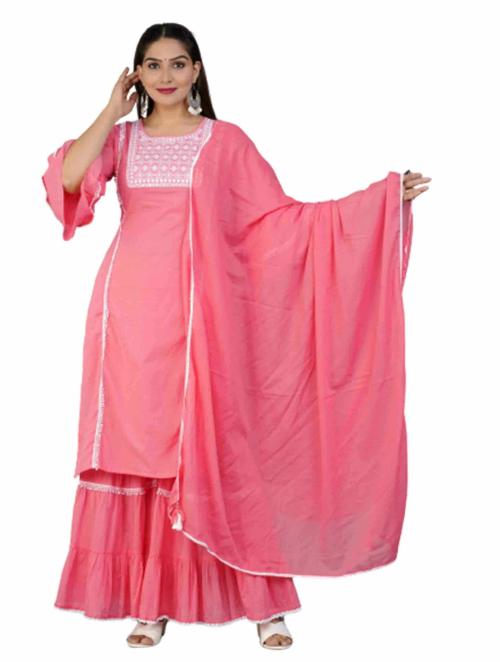 NATHI Women Embroidered Pure Cotton Kurta, Sharara And Dupatta Set