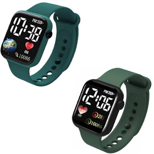 Hala Globe Combo Green & Mehndi Square Dial LED Digital smart Watches for Boys & Girls LED Lights Kids Children Pack of 2