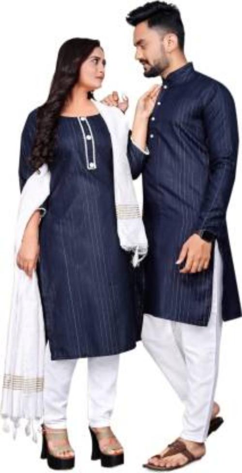 KYERA Men Dark Blue and White Cotton Blend Kurta and Pyjama Set - L