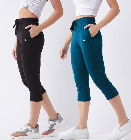 Modeve Women Solid Black and Teal Cotton Blend Pack of 2 Capri (Large)