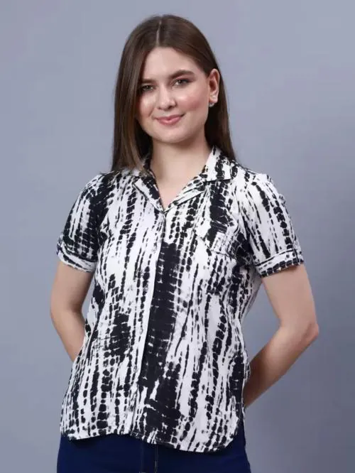 Vogue Treasures Women Regular Fit Printed Lapel Collar Casual Black Shirt-XL