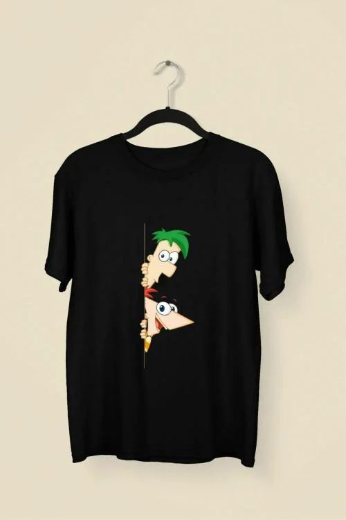 Wild Punk Phineas and Ferb Peeping 100% Cotton Premium Unisex Printed Tshirt (Black)