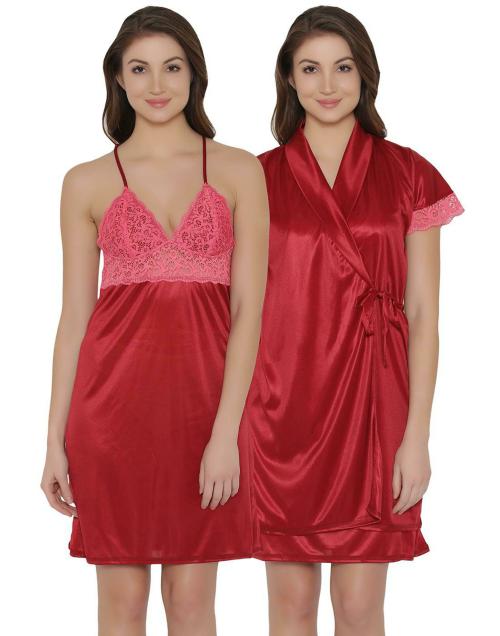Clovia Women's Maroon Solid Satin Single Nighty with Robe