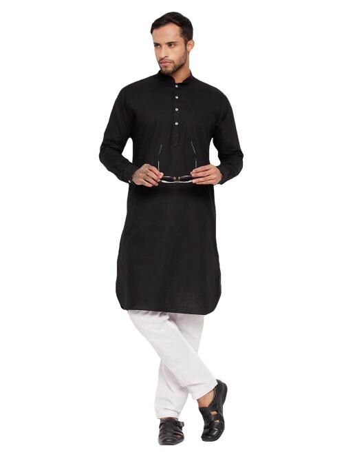 VASTRAMAY Men's Black Cotton Linen Kurta Pyjama Set