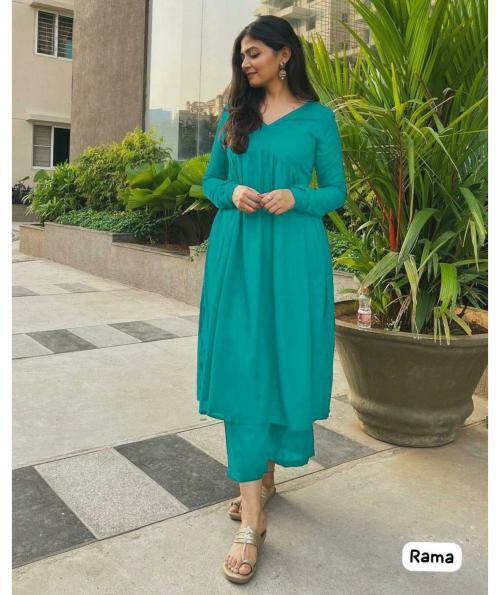 Zesty New Fashionable Cotton Blend Full Sleeves V-neck Co Ord Kurta Pant Set for Women (Sky Blue)