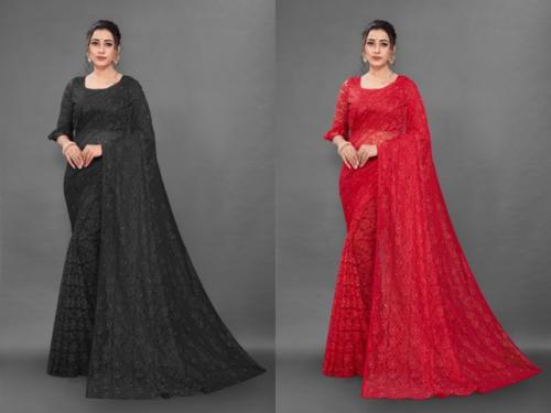 Fashion Field Women Black and Red Self Design Net Saree with Unstitched Blouse Piece (Pack of 2)