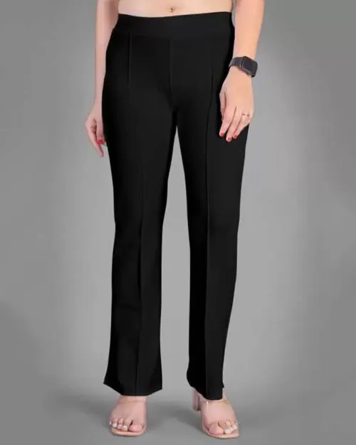 Woodzon Premium Quality Lycra Trousers For Women Pleat-Front Pants with Elasticated Waist Trouser & Pant | Regular Fit Spandex Quality Trouser Womens (Black) (XL)