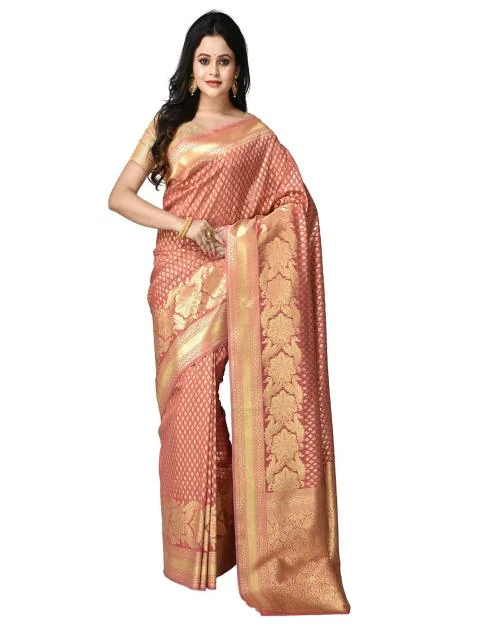 Naeusa Florel Designer Banarasi Uppada Silk Saree Strawberry Colour with Blouse for Women