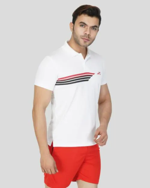VECTOR X Men White Striped Polyester Polo Neck T-shirt