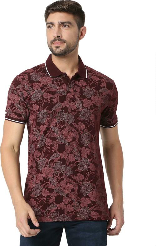 Mufti BURGUNDY FLORAL PRINTED SLIM FIT PIQUE POLO