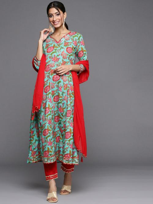 KSUT (House of Varanga) Women Blue & Pink Kalamkari Printed Anarkali Kurta with Trousers & Dupatta