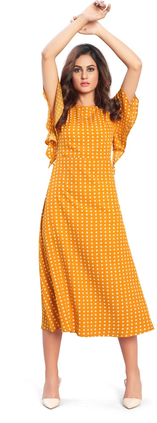 Vaani Creation Women Orange Polka Print Crepe A-line Gown Dress - L