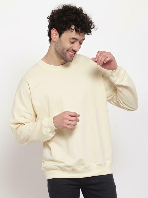 PAUSE Cotton Cream Solid Round Neck Regular Fit Full Sleeve Men's Sweatshirt