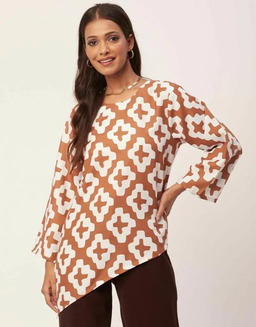 Moomaya Printed Asymmetric Tops For Women, Poly Rayon Long Sleeve Tunic Top