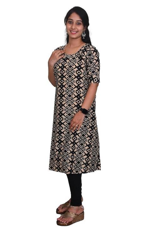 SHRUSTI Elbow Sleeves, Round Neck Ethnic Wear Kurti/Kurta for Women & Girls Stunning Black Floral Cotton Semi-Umbrella Kurti(XXL)